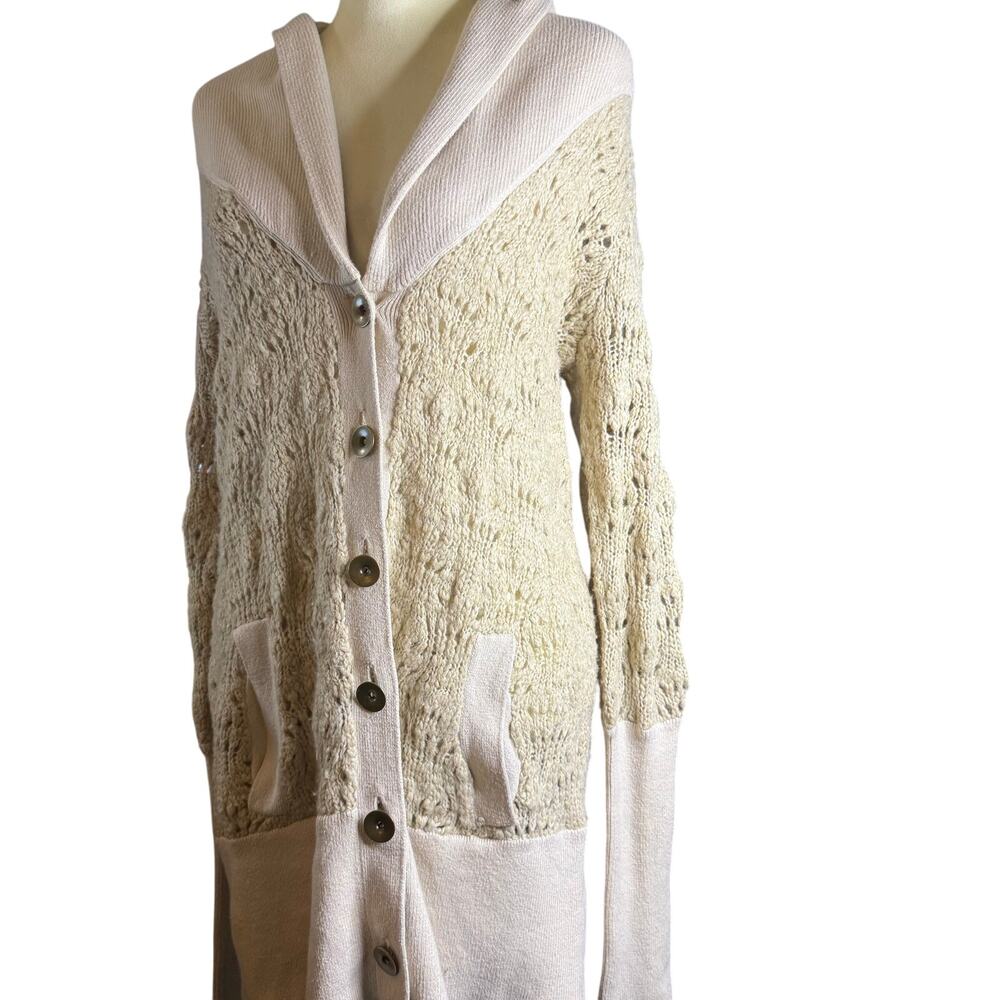 Free People Beige Textured Knit Long Button Front Cardigan Sweater, Size Medium - Picture 2 of 10
